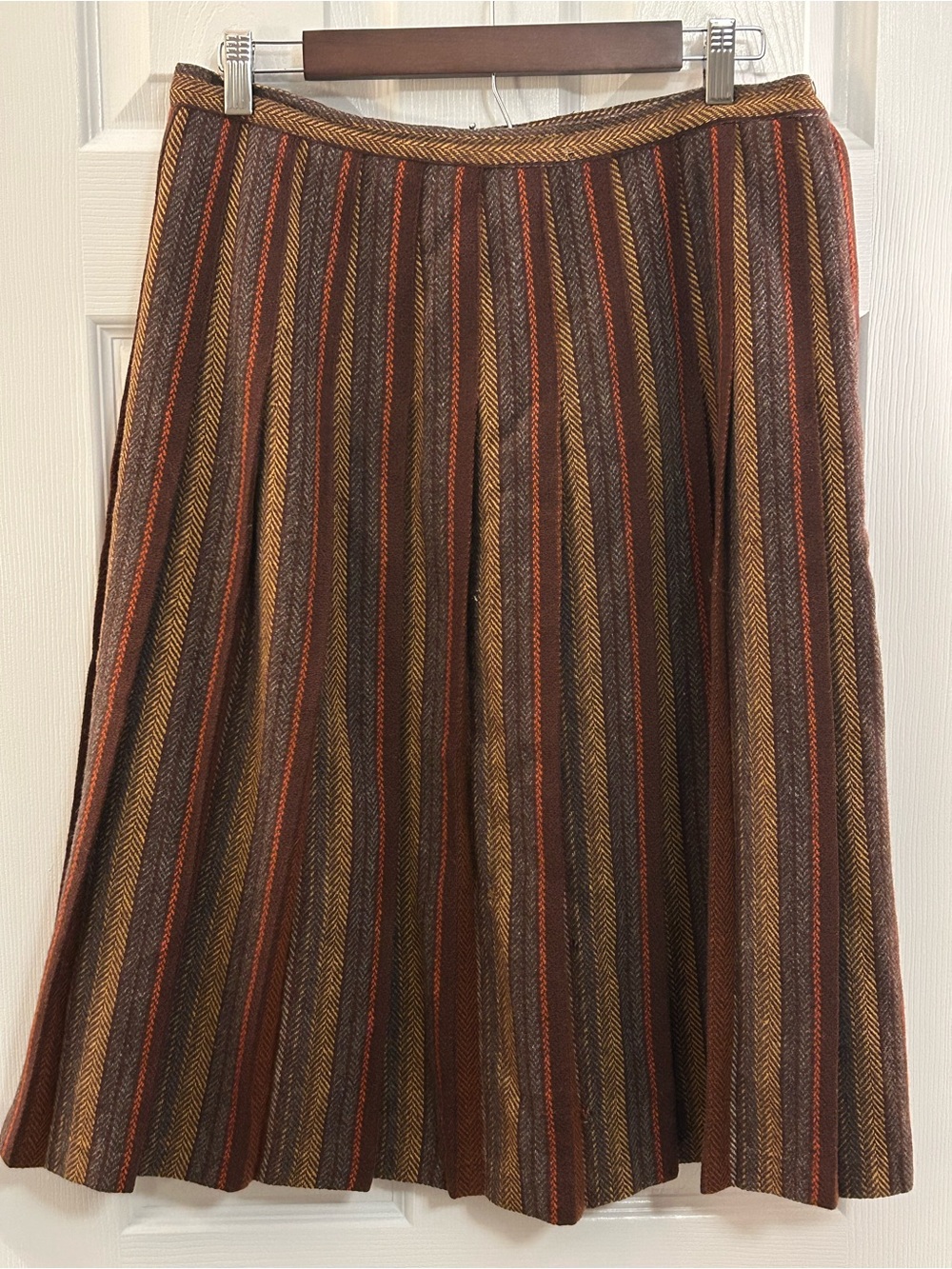 Vintage 60s 70s Pleated Midi Skirt Brown Herringbone Stripe ILGWU Union Made